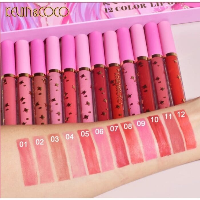 set 12 lip gloss kevin coco nuante de rosu rose nude roz cutie dreptunghiulara 26 5x16 5x2 2 cm 200 6523f3fe18b3d